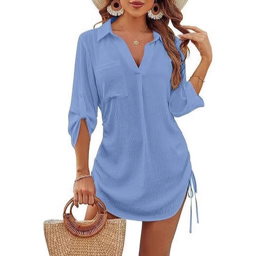 Dame afslappet strandbluse med sidelæggede flæser og praktiske lommer Stilla