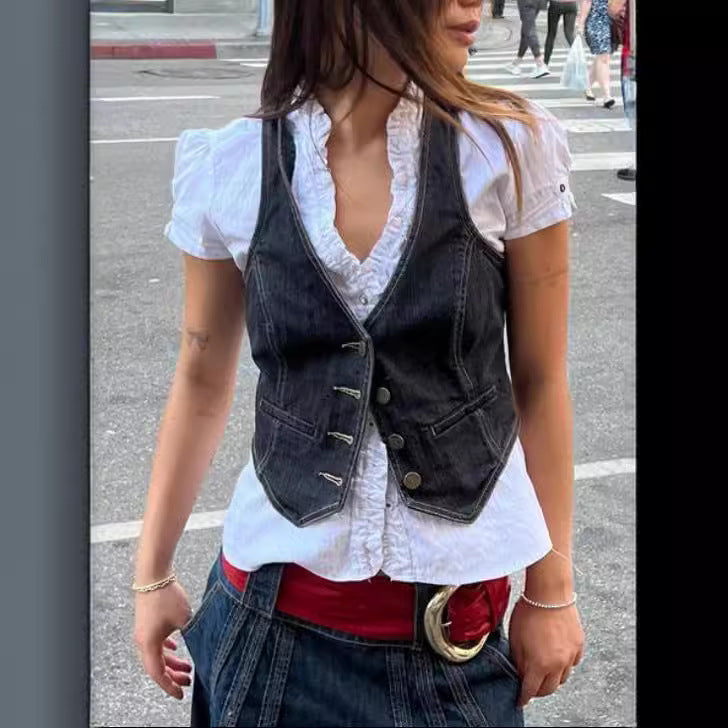 Dame denim-vest med modetræk og helhedsdesign Stilla