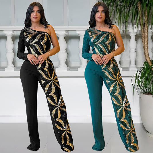 Dame Elegant Jumpsuit med asymmetrisk snit og glitrende applikationer Stilla