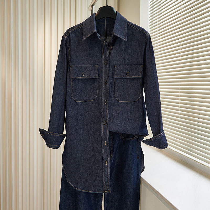 Dame afslappet denim skjortejakke med to brystlommer og moderne snit Stilla