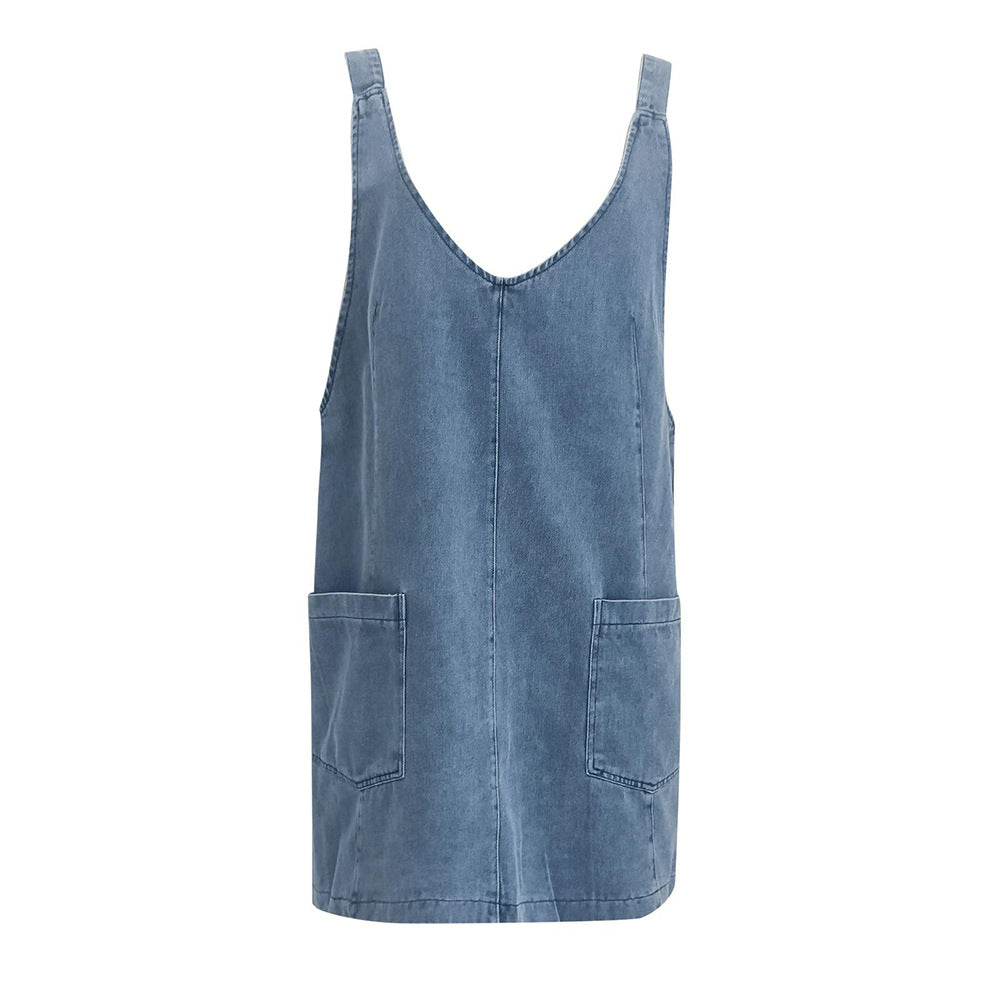 Dame afslappet fritidslinjekjole med dyb udskæring og store lommer Stilla