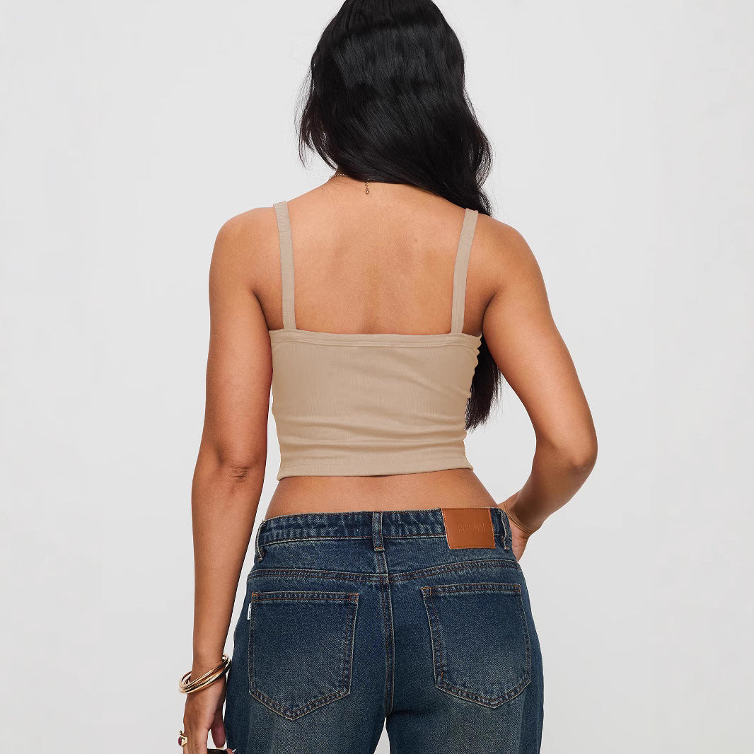 Dame Crop-Top med smalle stropper og fin ribstruktur Stilla