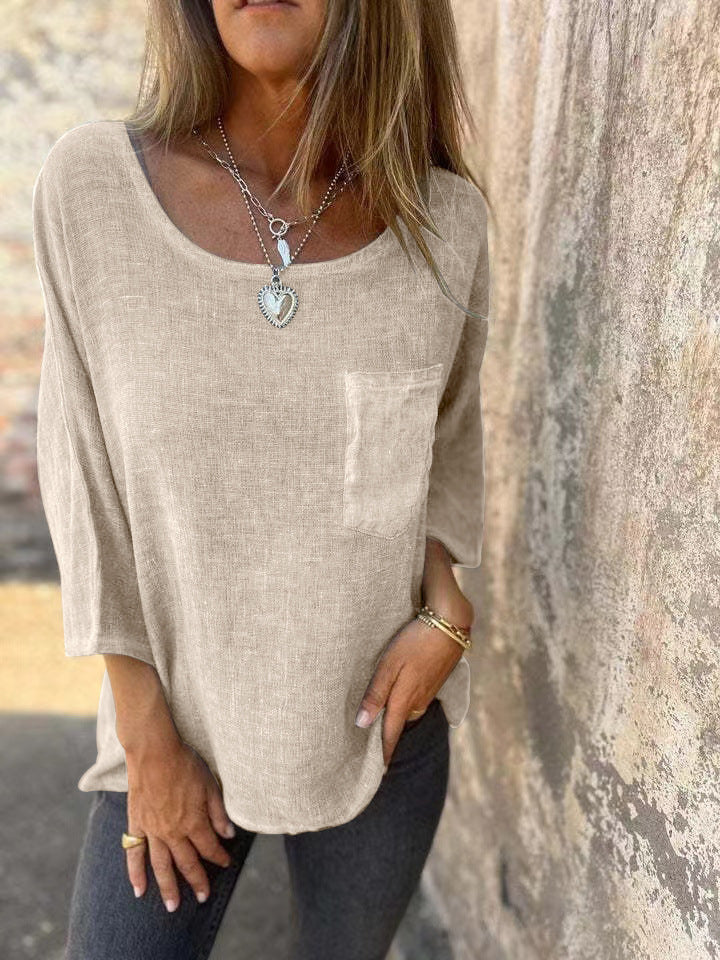 Dame afslappet linned skjorte med praktisk brystlomme og bred pasform Stilla