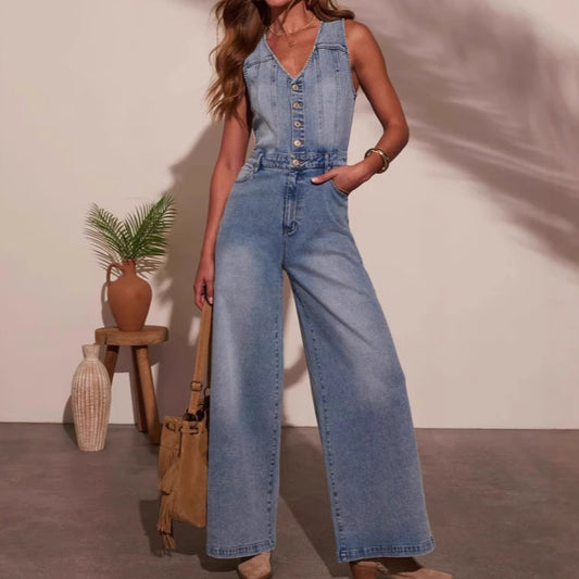 Damer Jumpsuit med bredt skårne ben og elegant knapliste Stilla