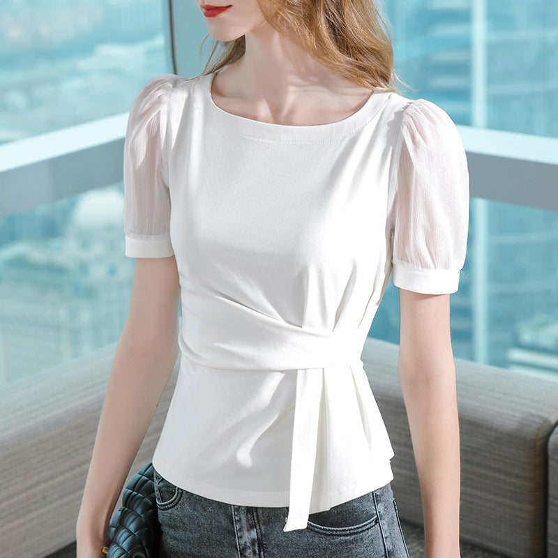 Dame elegant indpakningsoberl med puffærmer og sart bindebælte Stilla