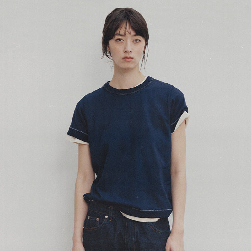 Dame afslappet kortærmet skjorte med stribet udskæring Stilla