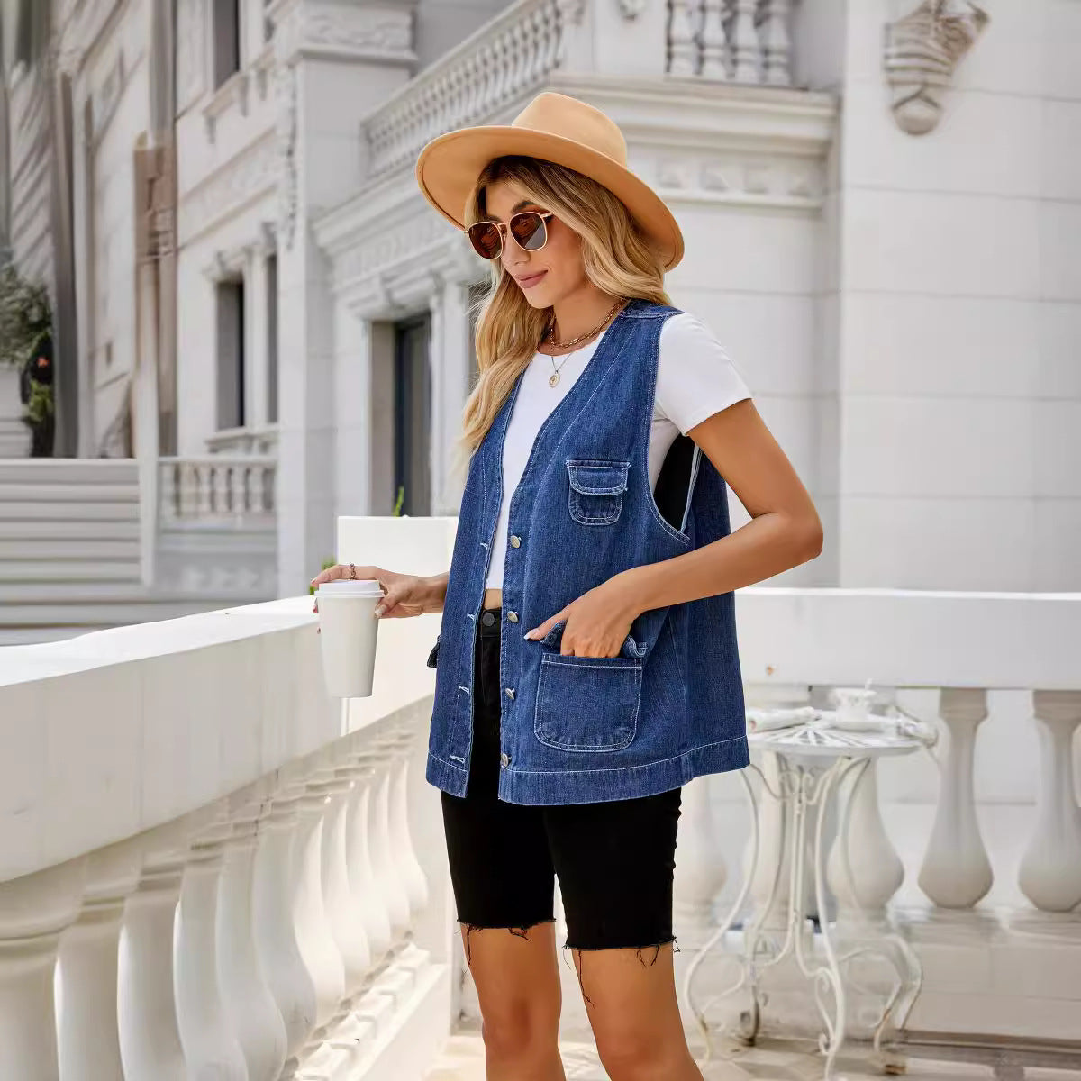 Dame Denim Vest i afslappet oversized design med praktiske lommer og knapdetaljer Stilla