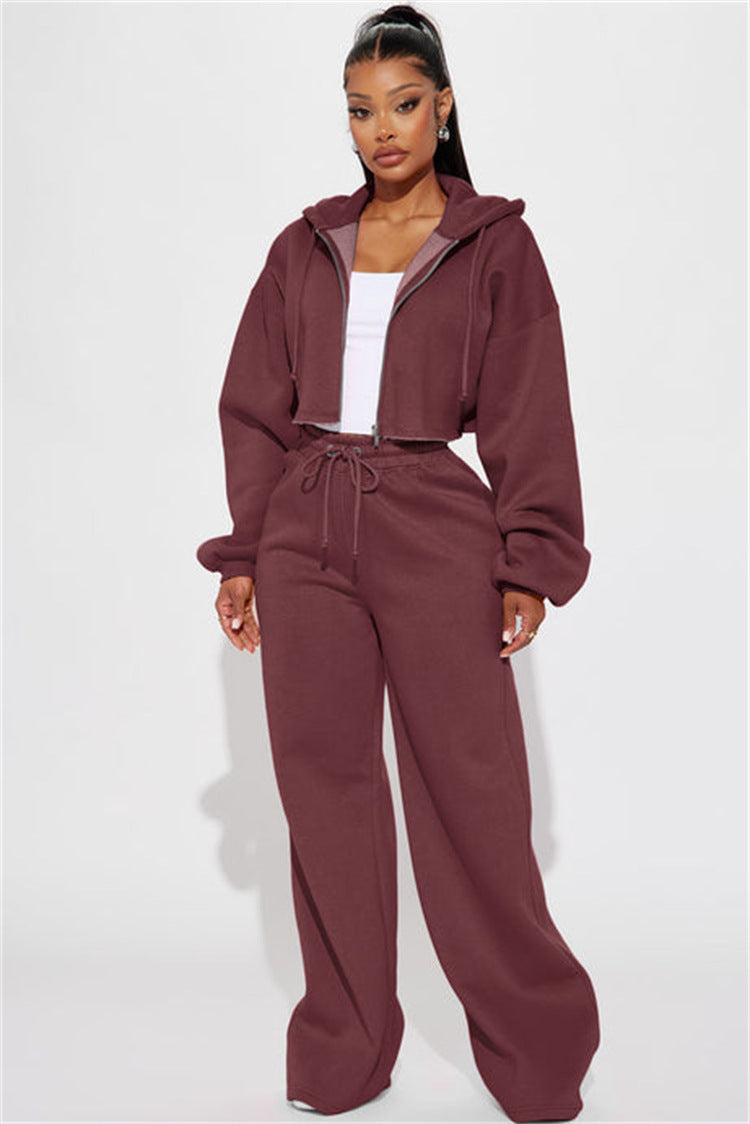 Dame afslappet oversized cropped sæt med lynlås og brede ben Stilla