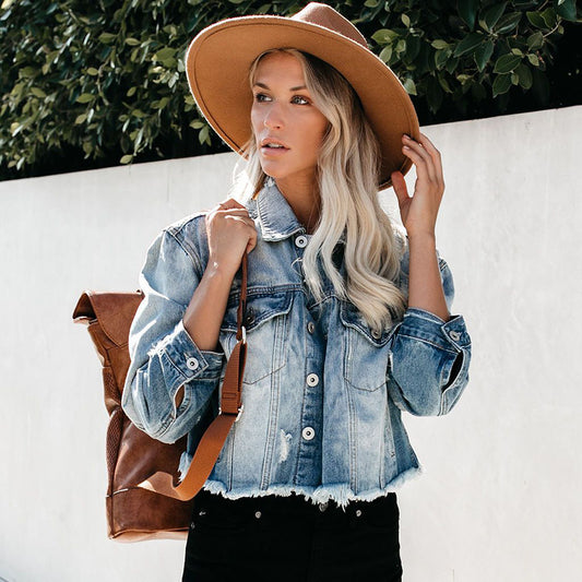 Dame afslappet denimjakke med stilfuldt used-look og iøjnefaldende frynser Stilla