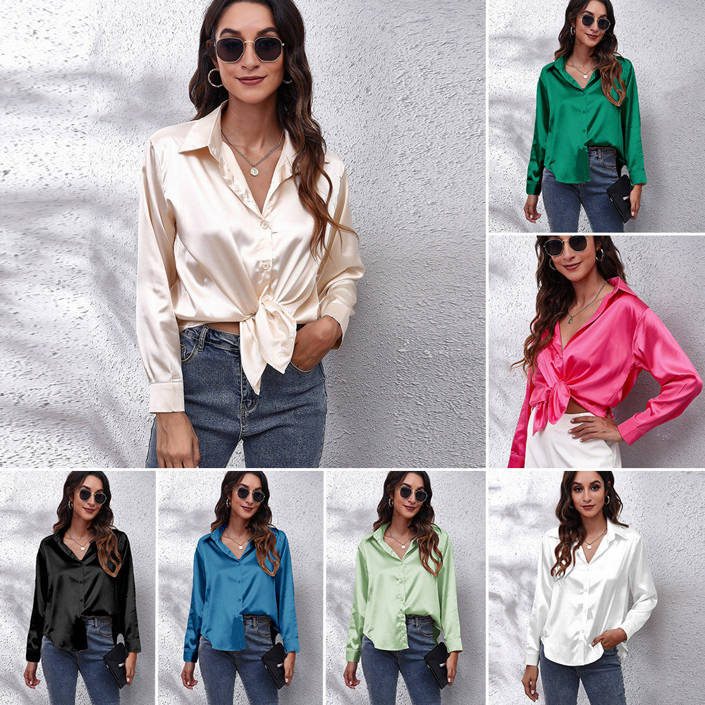 Dame Satin Bluse med Knote Lukning Stilla
