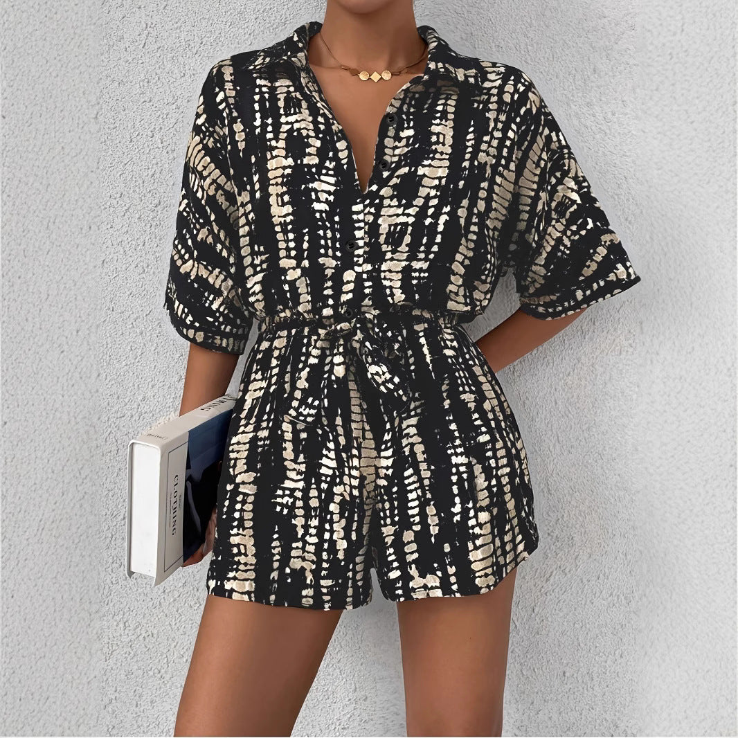 Dame stribet kortærmet skjorte og shorts sæt Stilla