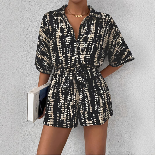 Dame stribet kortærmet skjorte og shorts sæt Stilla