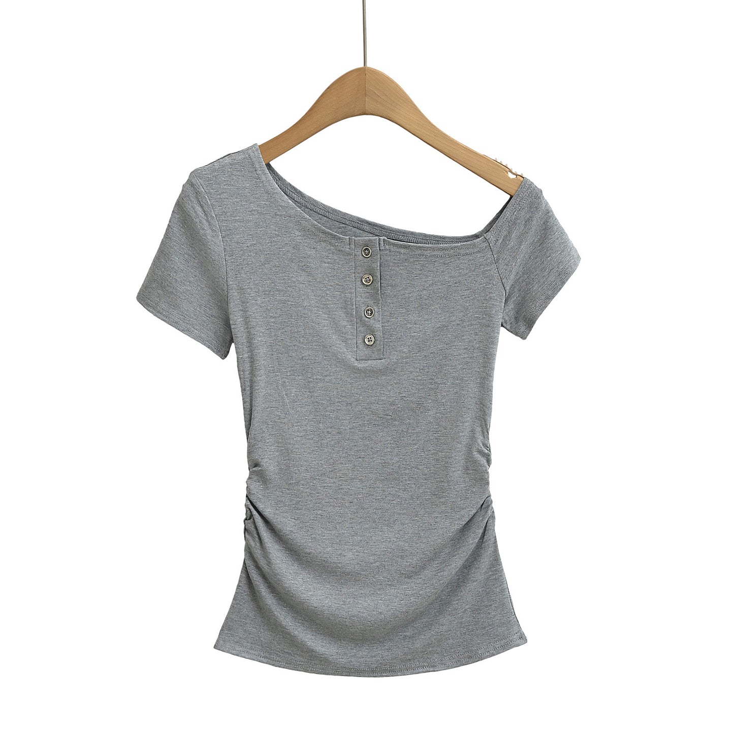 Dame afslappet kortærmet skjorte med asymmetrisk udskæring og knapliste Stilla