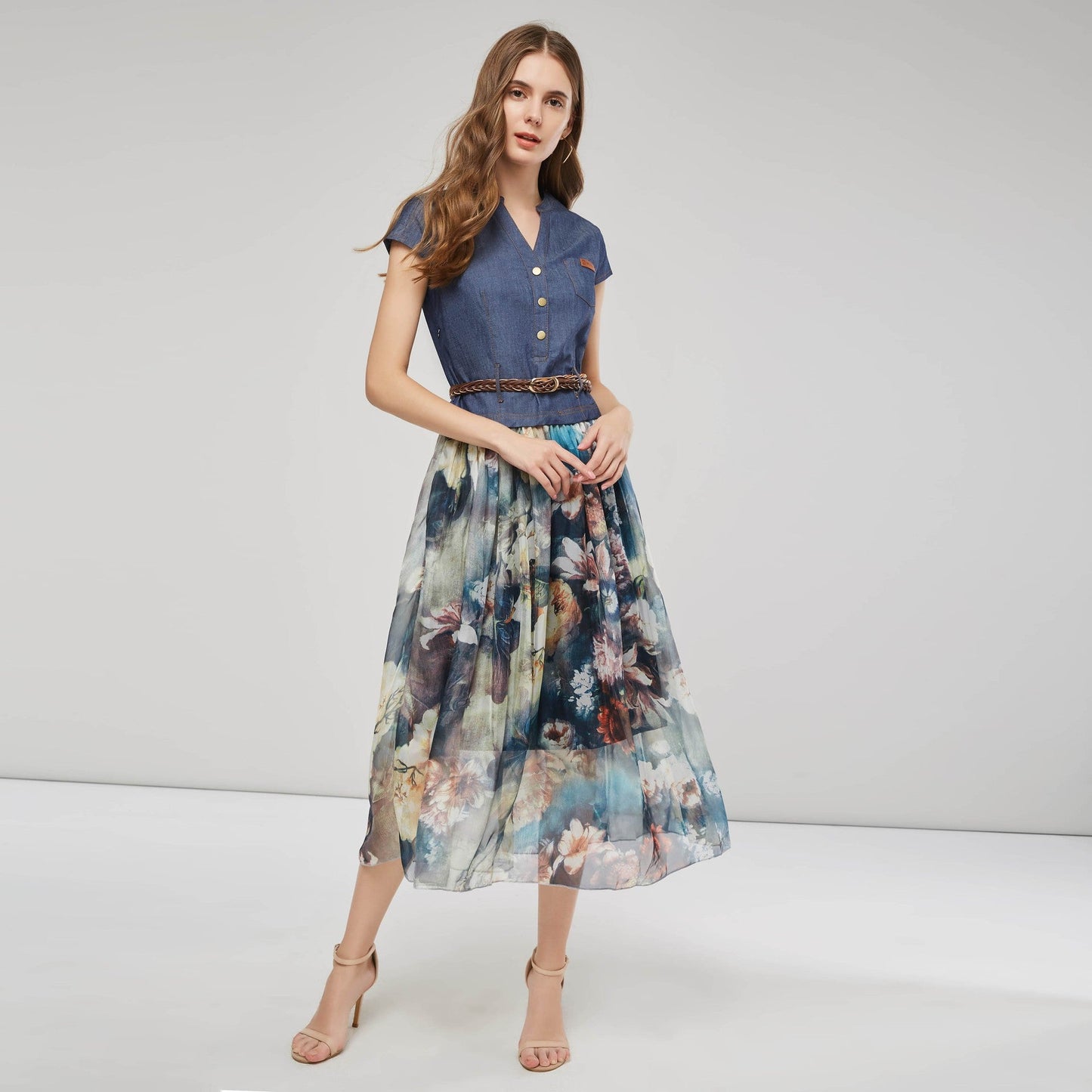 Stilla | Elegant Patchwork Print Stropkjole Midi Kjole