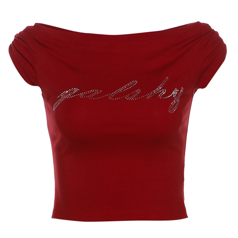 Dame Crop-Top med smart skrift og glitrende rhinsten Stilla