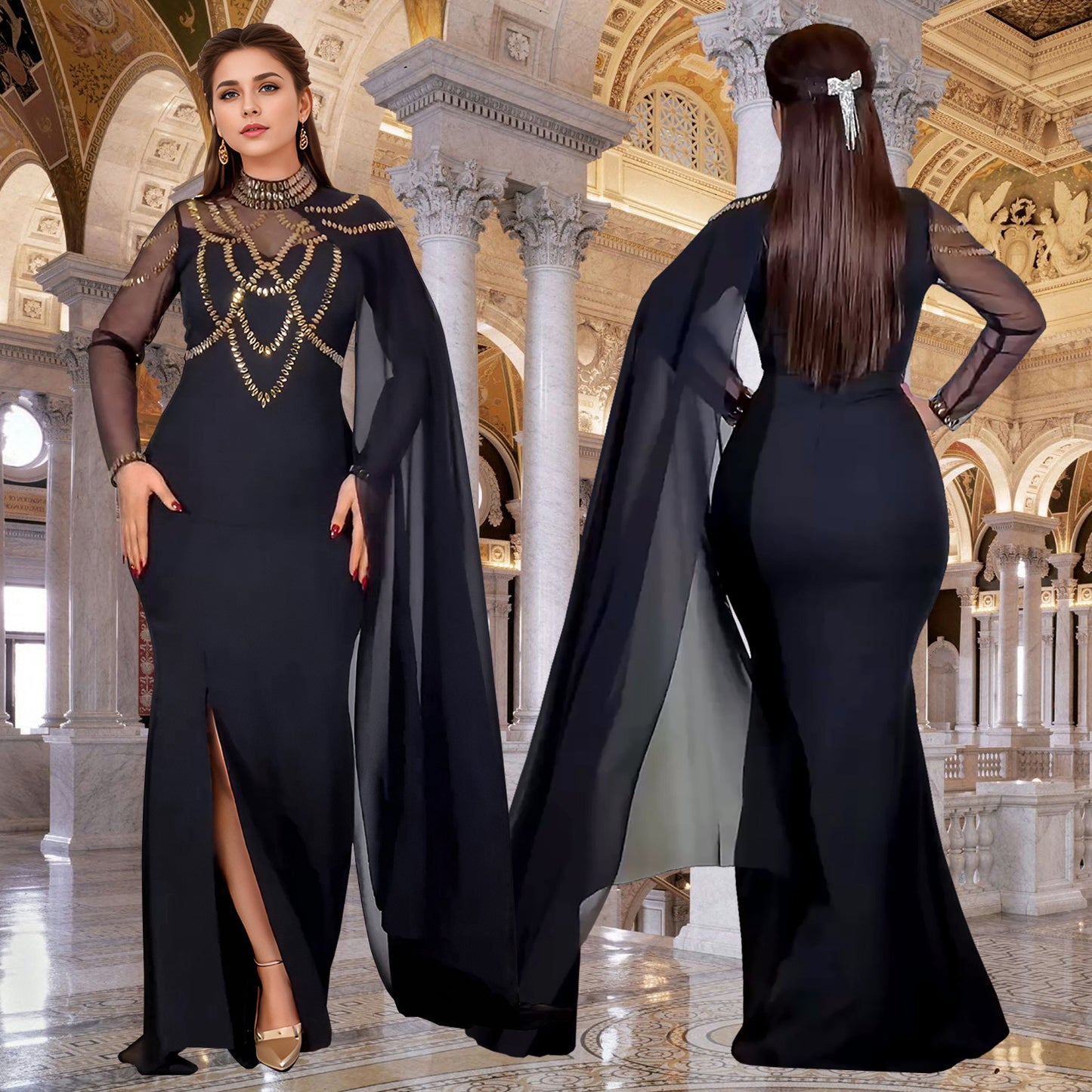 Dame Elegant aftenkjole med gennemsigtige ærmer og glitrende palietter Stilla