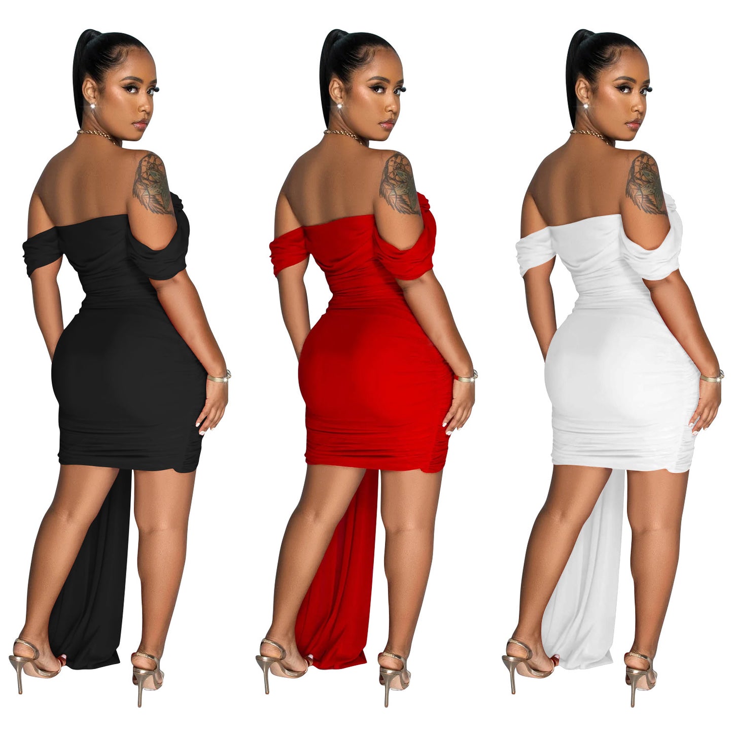 Dame elegant cocktailkjole med skulderfri form og asymmetrisk kant Stilla