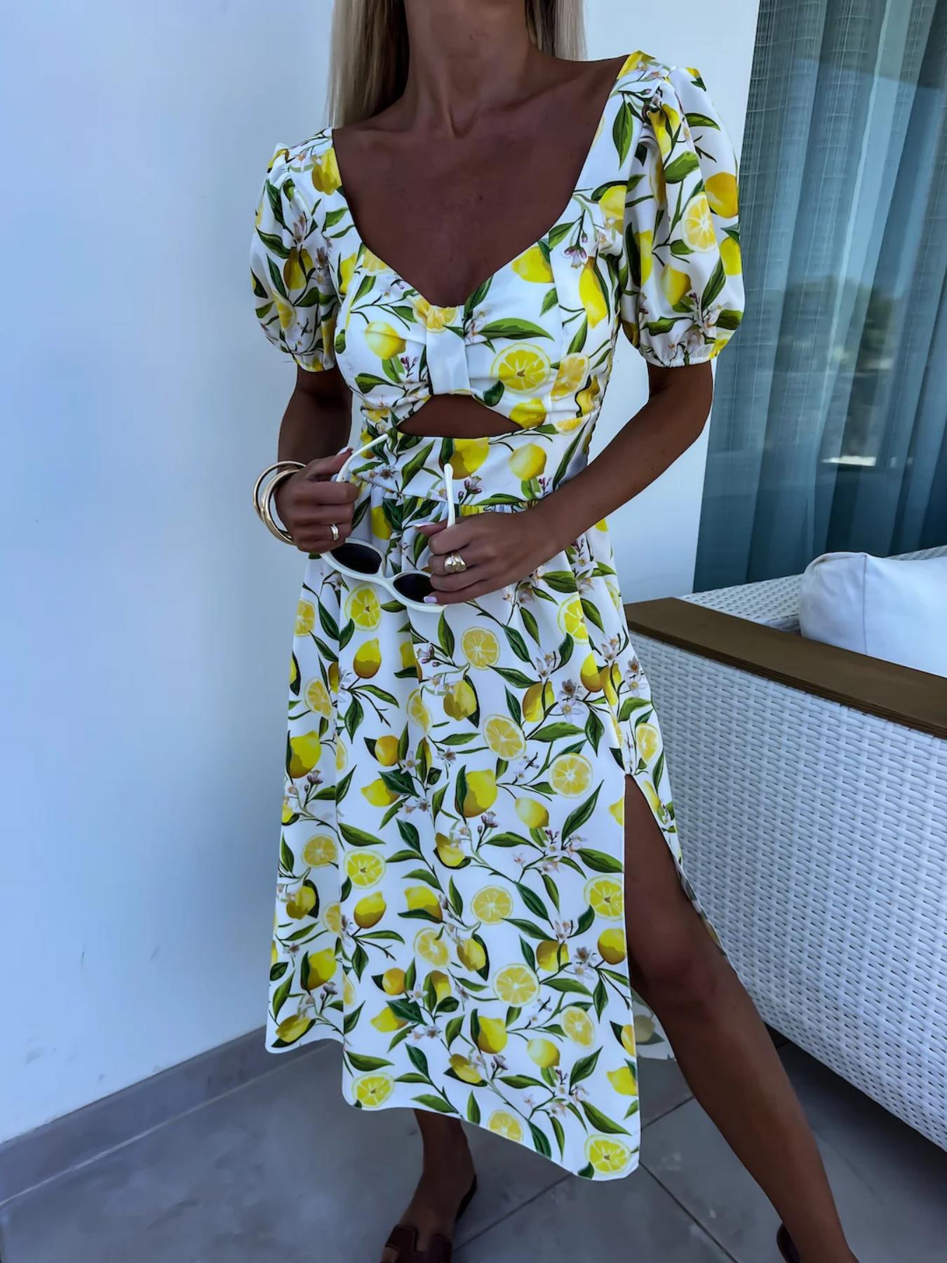 Dame Cut-Out Citron-Print Midi Kjole Stilla