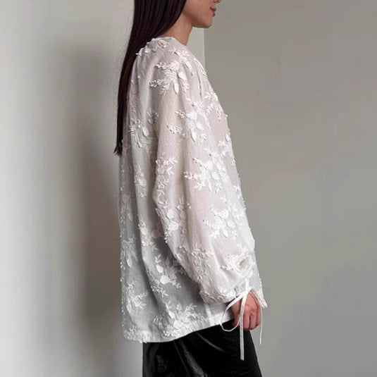 Dame Elegant Bluse med blomsterbroderi og rynker Stilla