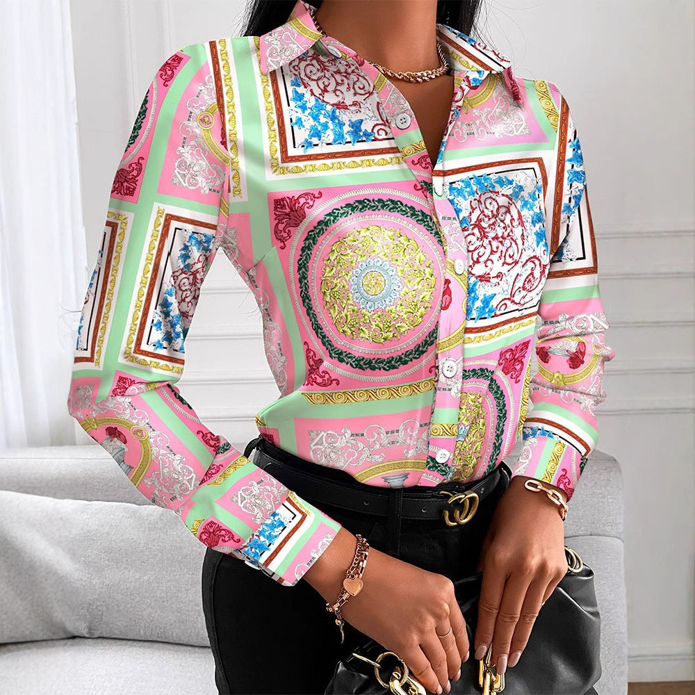 Dame Elegant Bluse med kunstnerisk tryk og fine detaljer Stilla