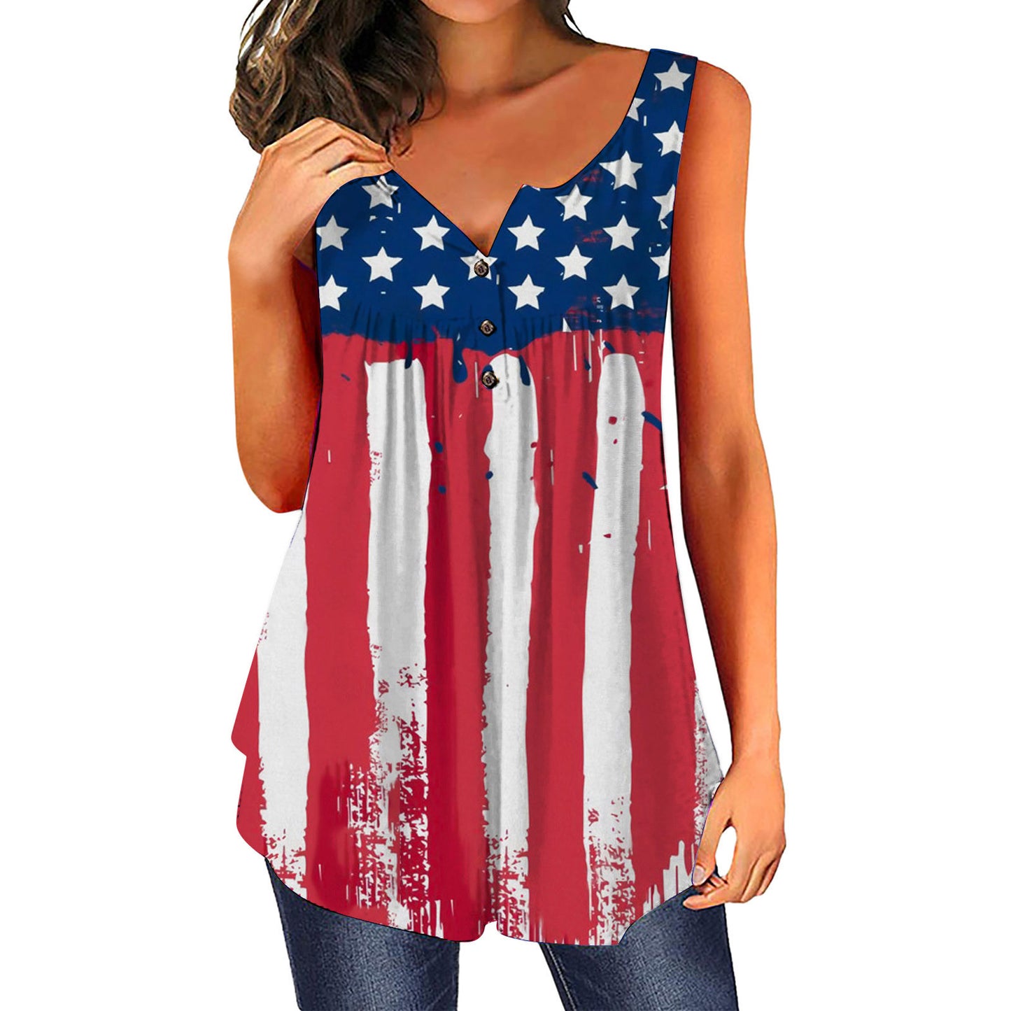 Dame afslappet bluse med knapliste og flagmotiv Stilla