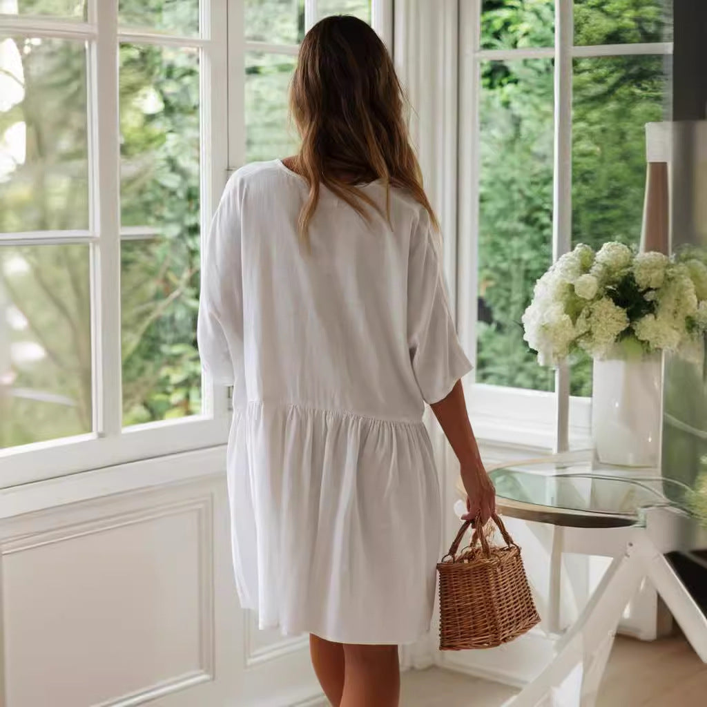 Dame afslappet skjortekjole i åndbart bomulds materiale med knaplukning og praktiske lommer Stilla