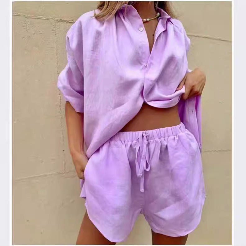 Dame afslappet kortærmet sæt med knapliste og gummizug Stilla