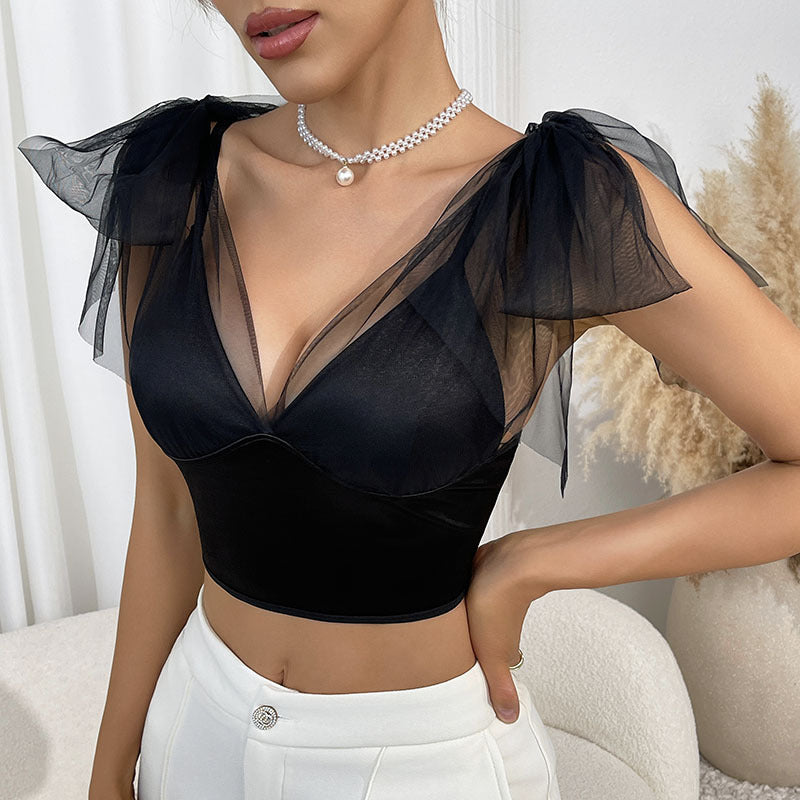 Dame Crop-Top med transparente puffærmer og dyb V-udskæring Stilla