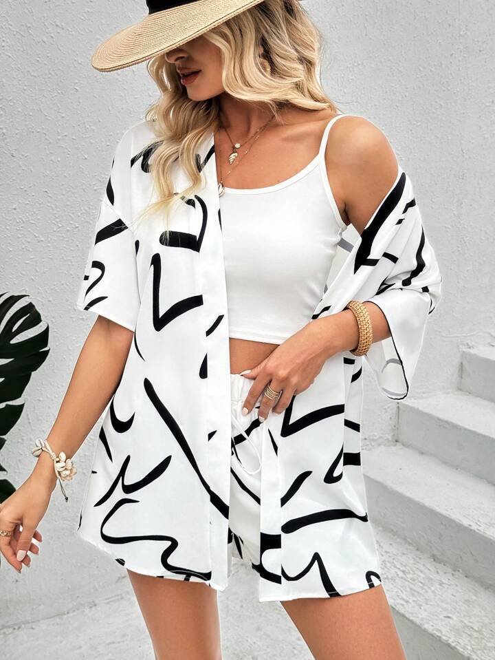 Dame Abstract Print Kimono Sæt Stilla