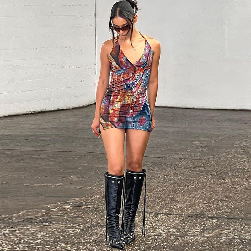 Dame Denim-Minikjole med dyb V-udskæring og justerbar halsbånd Stilla