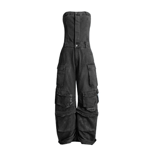 Stilla | Multi Pocket Ripped Waist Slimming Sexy Tube Top Tooling Denim Jumpsuit Kvinder
