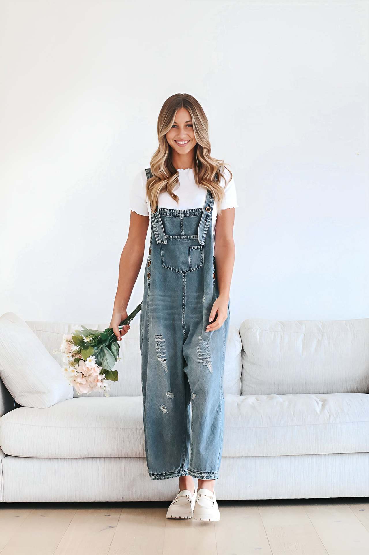 Dame Casual Denim Overalls med stilfulde Rivne Detaljer Stilla