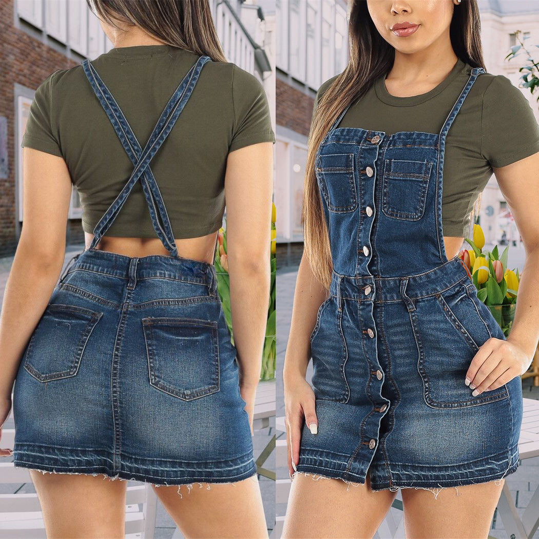 Dame Denim-forklædekjole med knapdetaljer og frynser Stilla