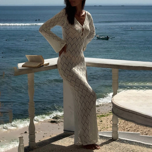 Dame Elegant Åben Strik Maxikjole Stilla