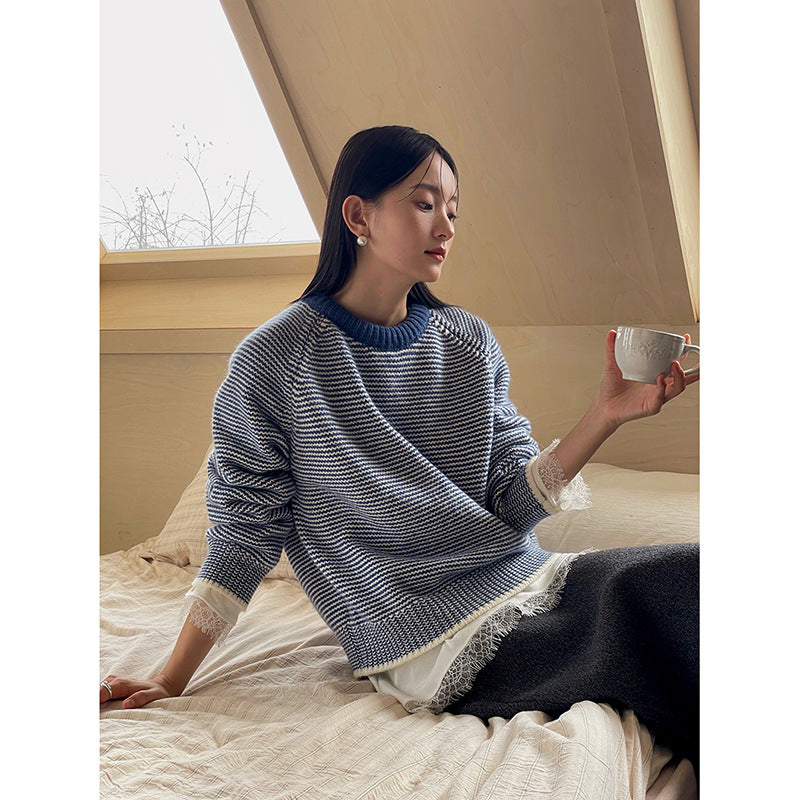 Dame afslappet langærmet skjorte med fine spidsdetaljer og sideknude Stilla