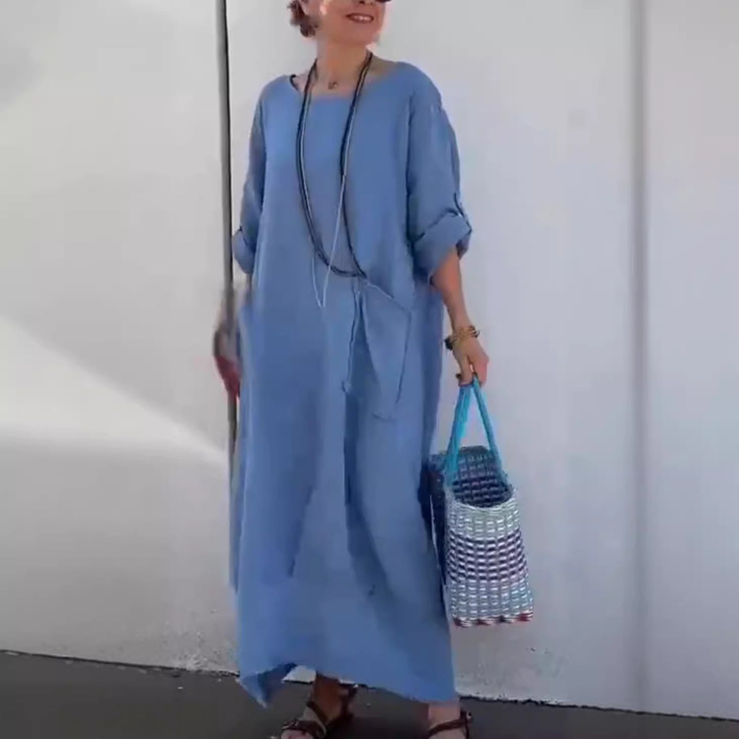 Dame afslappet linned maxikjole med sidesammenfoldninger Stiila