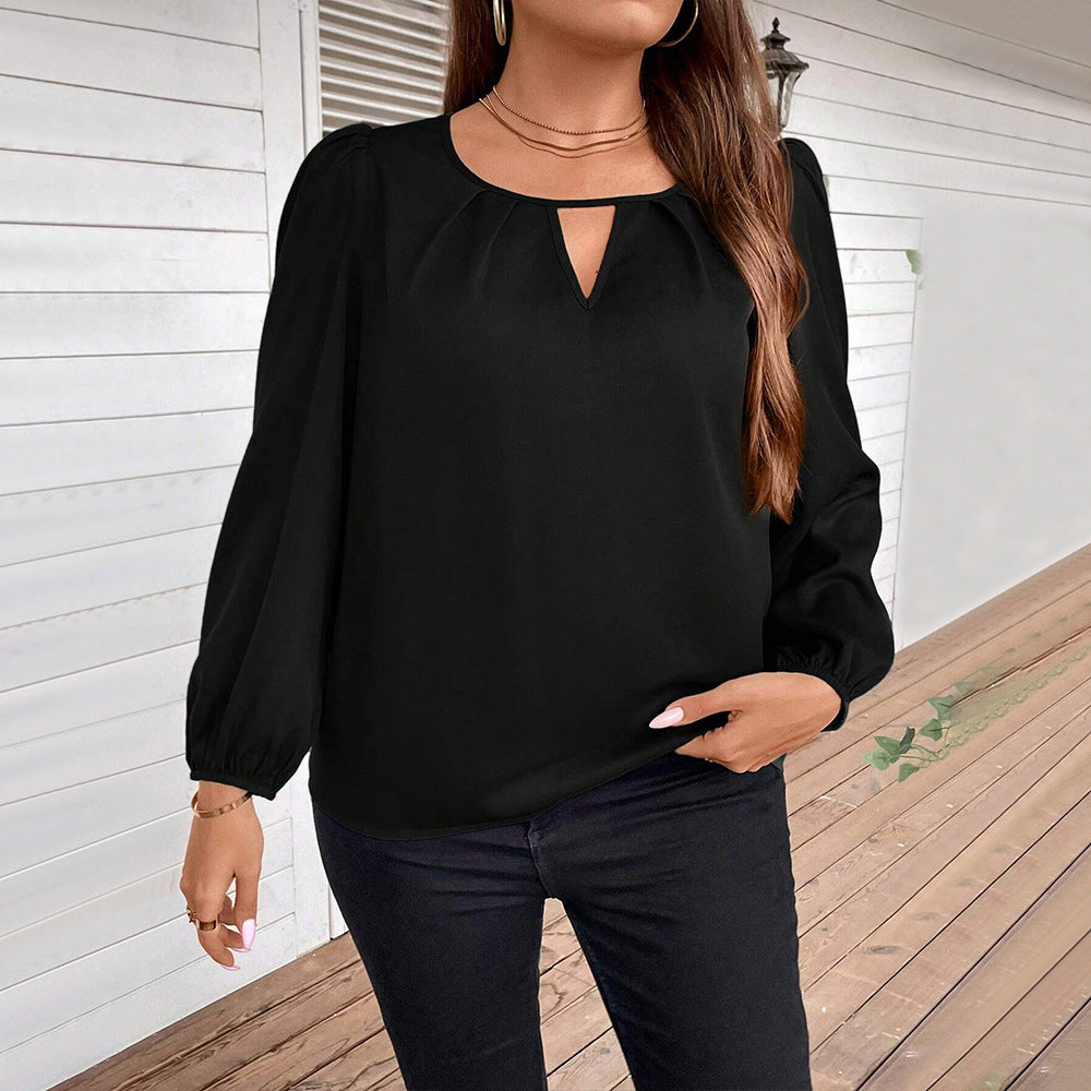 Dame elegant bluse med ballonærmer og nøgleudskæring Stilla