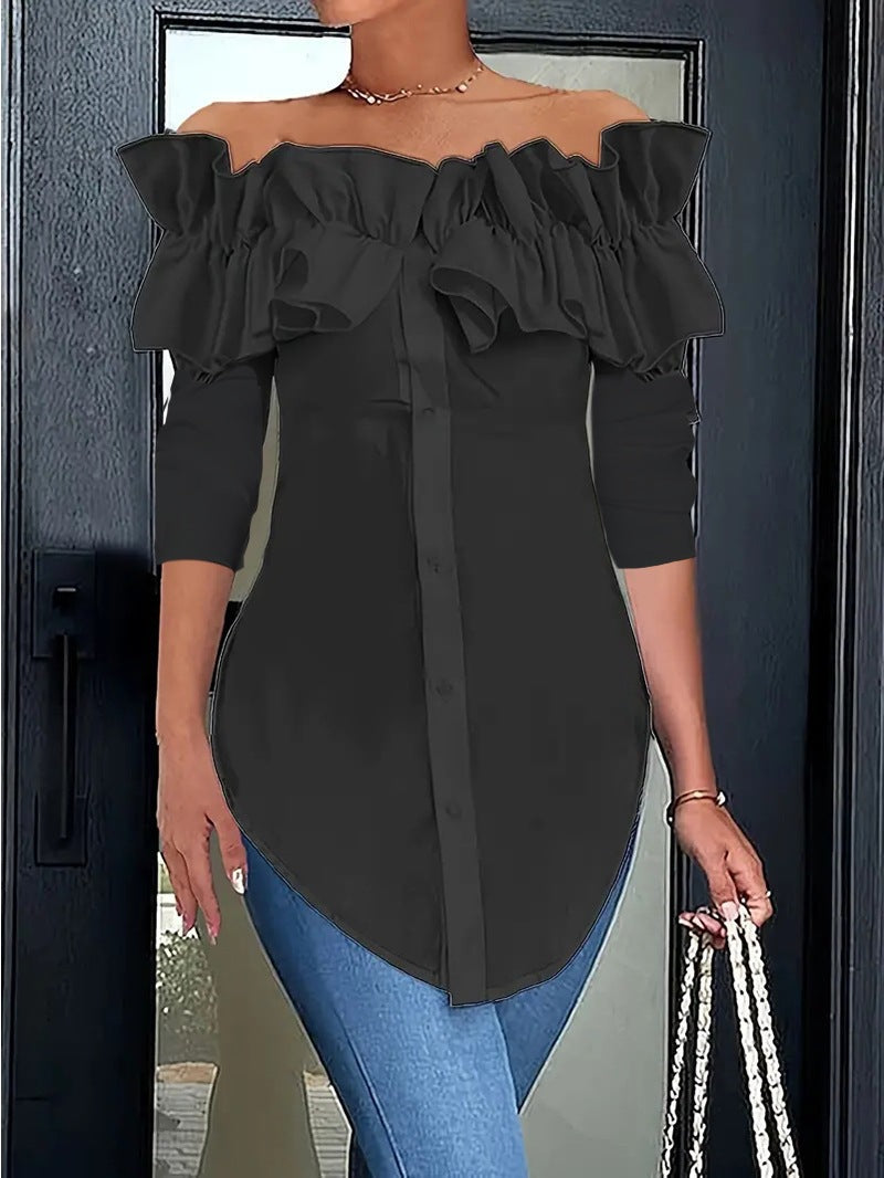 Dame Elegant Bluse med Ruffle detaljer og hjerteformet U-udskæring Stilla