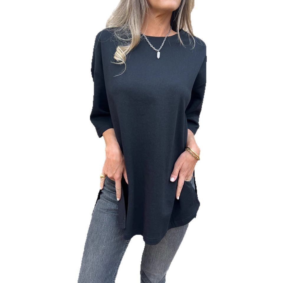 Dame afslappet oversized T-shirt med sidelommer og rund halsudskæring Stilla