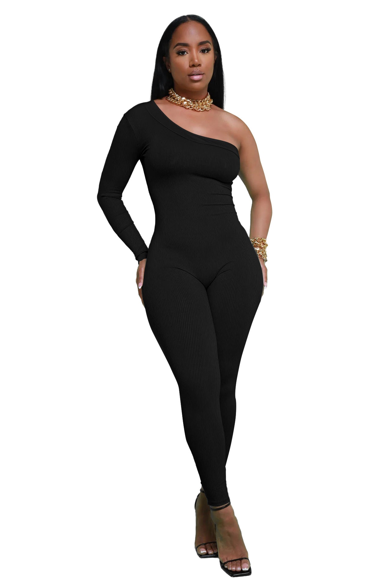 Dame Asymmetrisk Langærmet Jumpsuit i ribbet materiale Stilla