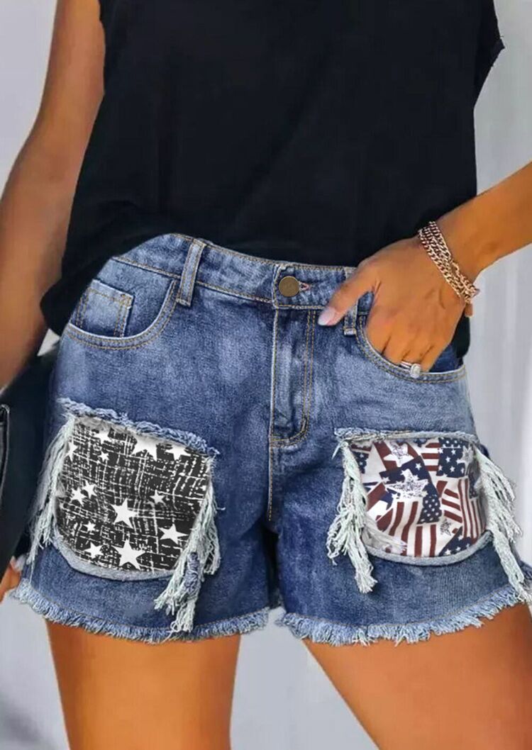 Dame Destroyed Denim-Shorts med modish lommer og frynset kant Stilla