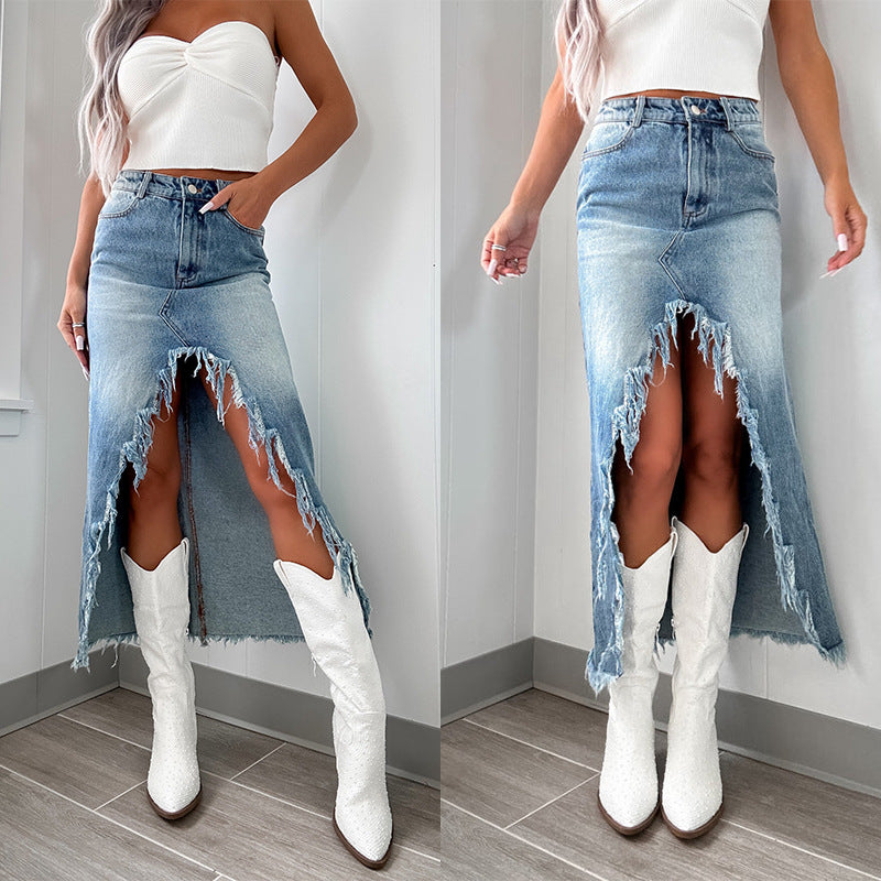 Dame Denim-Midikjole med frynset kant og sideløg Stilla