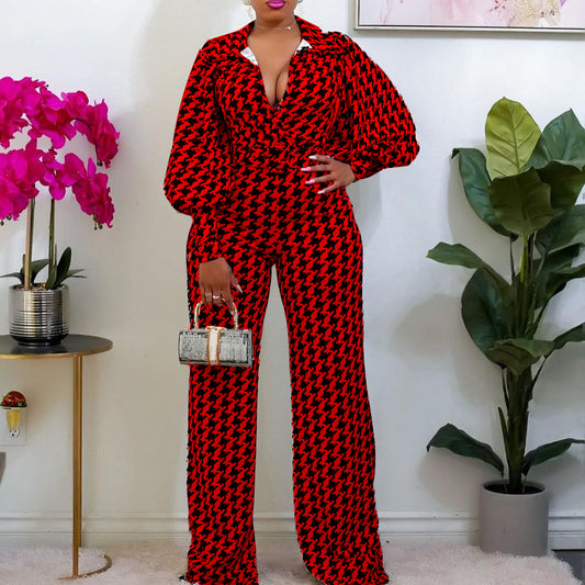 Dame jumpsuit med elegant hane-fremskridtmønster og vidde ben Stilla