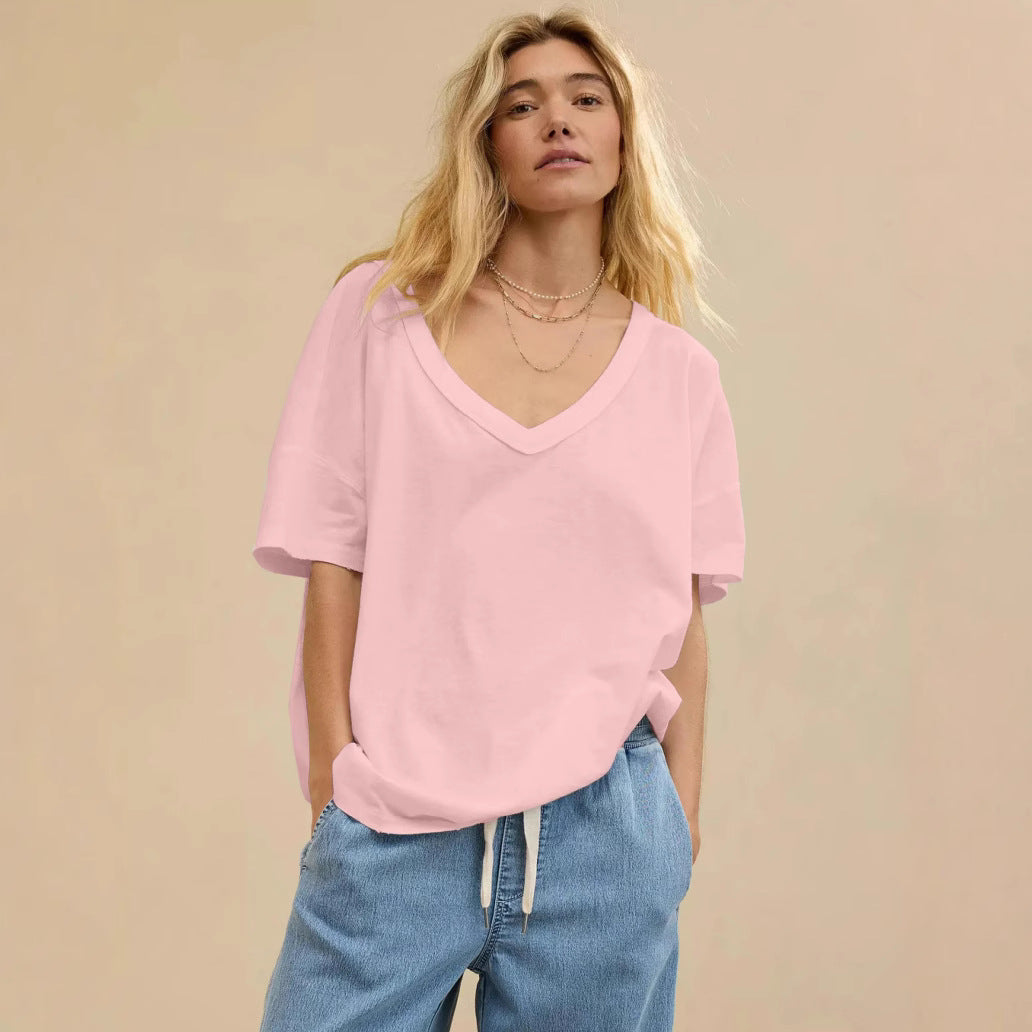 Dame afslappet oversized T-shirt med dyb V-hals Stilla