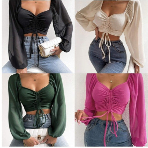 Dame Elegant Crop-top med puffede ærmer og snøremuligheder Stilla