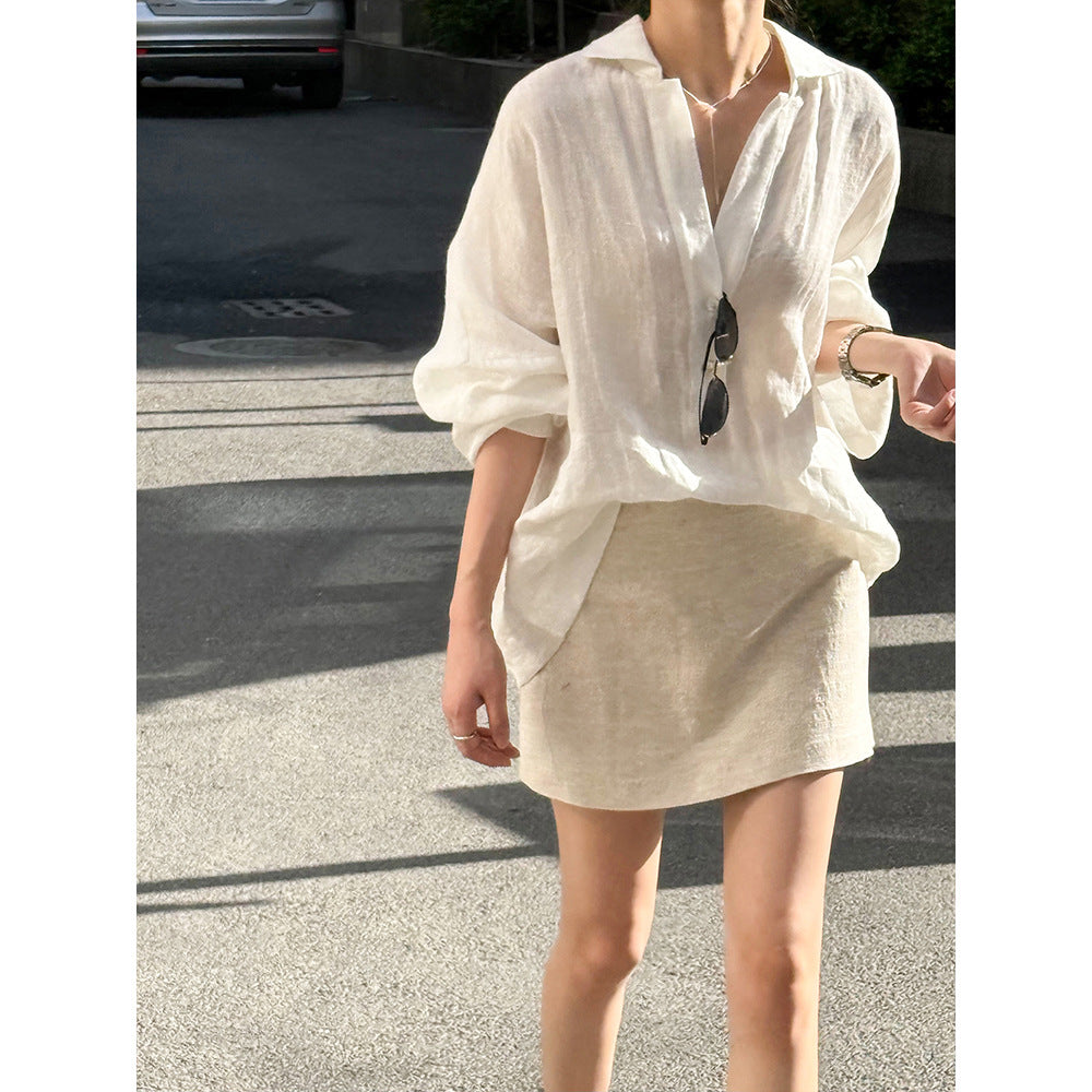 Dame afslappet linnedbluse med knapbar udskæring Stilla