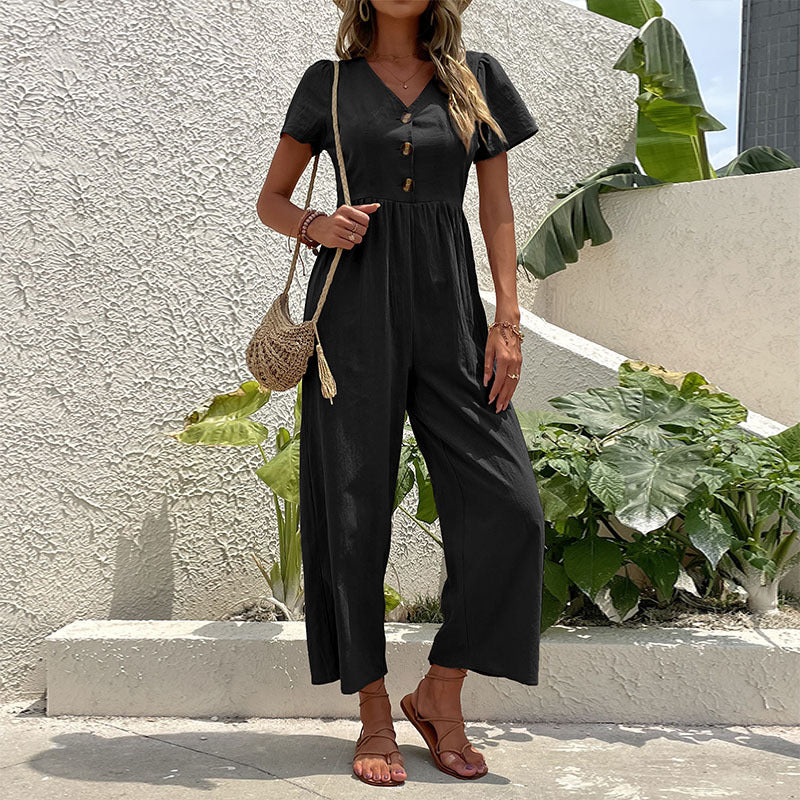 Dame Elegant Knap-Foroven Bredbenet Jumpsuit Stilla