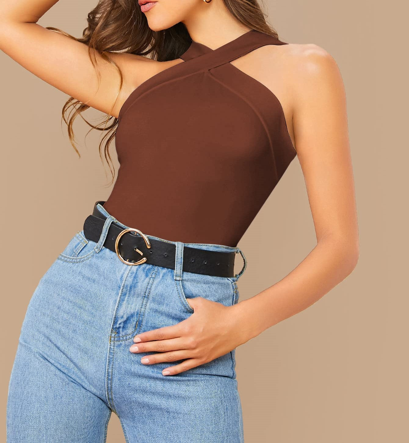 Dame Elegant asymmetrisk bodysuit med korsformet skulderdesign Stilla