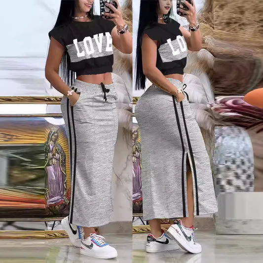 Dame Crop-Top og Maxi-Nederdel Sæt med sporty design og sidelængde Stilla