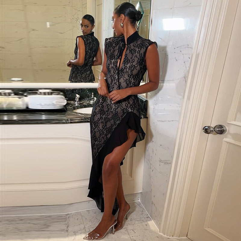 Dame Elegant Blondekjole med asymmetrisk kant og transparente indsæt Stilla